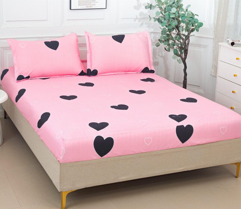 Husa Pat dublu cu elastic, Bumbac Satinat, 180x200, Inimioare, Negru/Roz, P23762