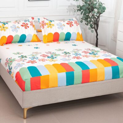 Husa Pat dublu cu elastic, Bumbac Satinat, 180x200, Floricele, Multicolor, P23763