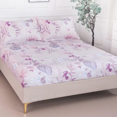 Husa Pat dublu cu elastic, Bumbac Satinat, 180x200, Flori, Roz, P23767