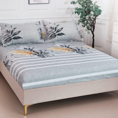 Husa Pat dublu cu elastic, Bumbac Satinat, 180x200, Frunze, Gri, P23768