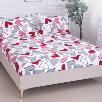 Husa Pat dublu cu elastic, Bumbac Satinat, 180x200, Inimioare, Multicolor, P23769