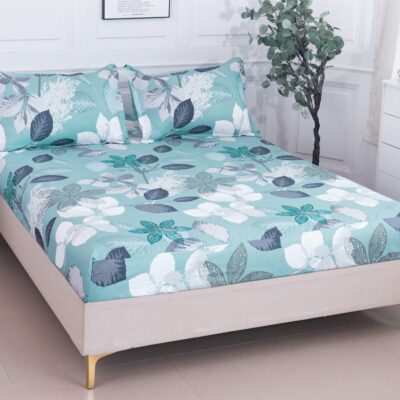 Husa Pat dublu cu elastic, Bumbac Satinat, 180×200, Frunze, Turcoaz, P23772