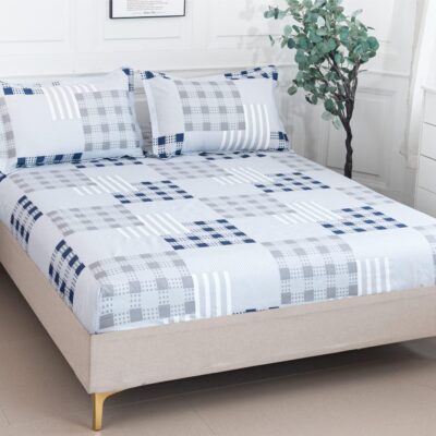 Husa Pat dublu cu elastic, Bumbac Satinat, 180×200, Carouri, Gri/Bleumarin, P23774
