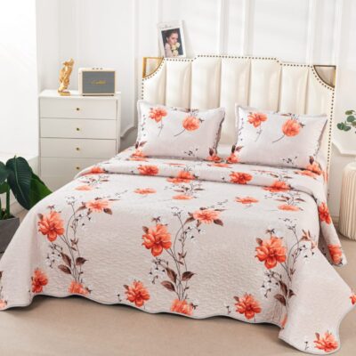 Cuvertura Pentru Pat Dublu, 3 Piese, Floricele, Crem/Portocaliu, P23734