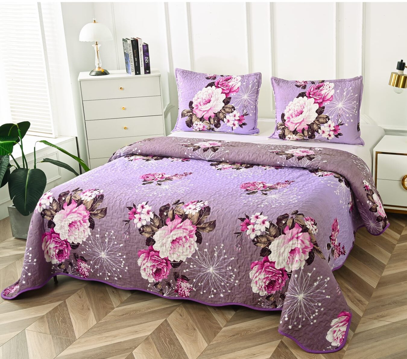Cuvertura Pentru Pat Dublu, 3 Piese, Floricele, Mov, P23735