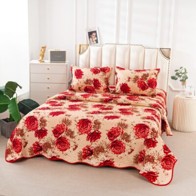 Cuvertura Pentru Pat Dublu, 3 Piese, Trandafiri, Multicolor, P23786