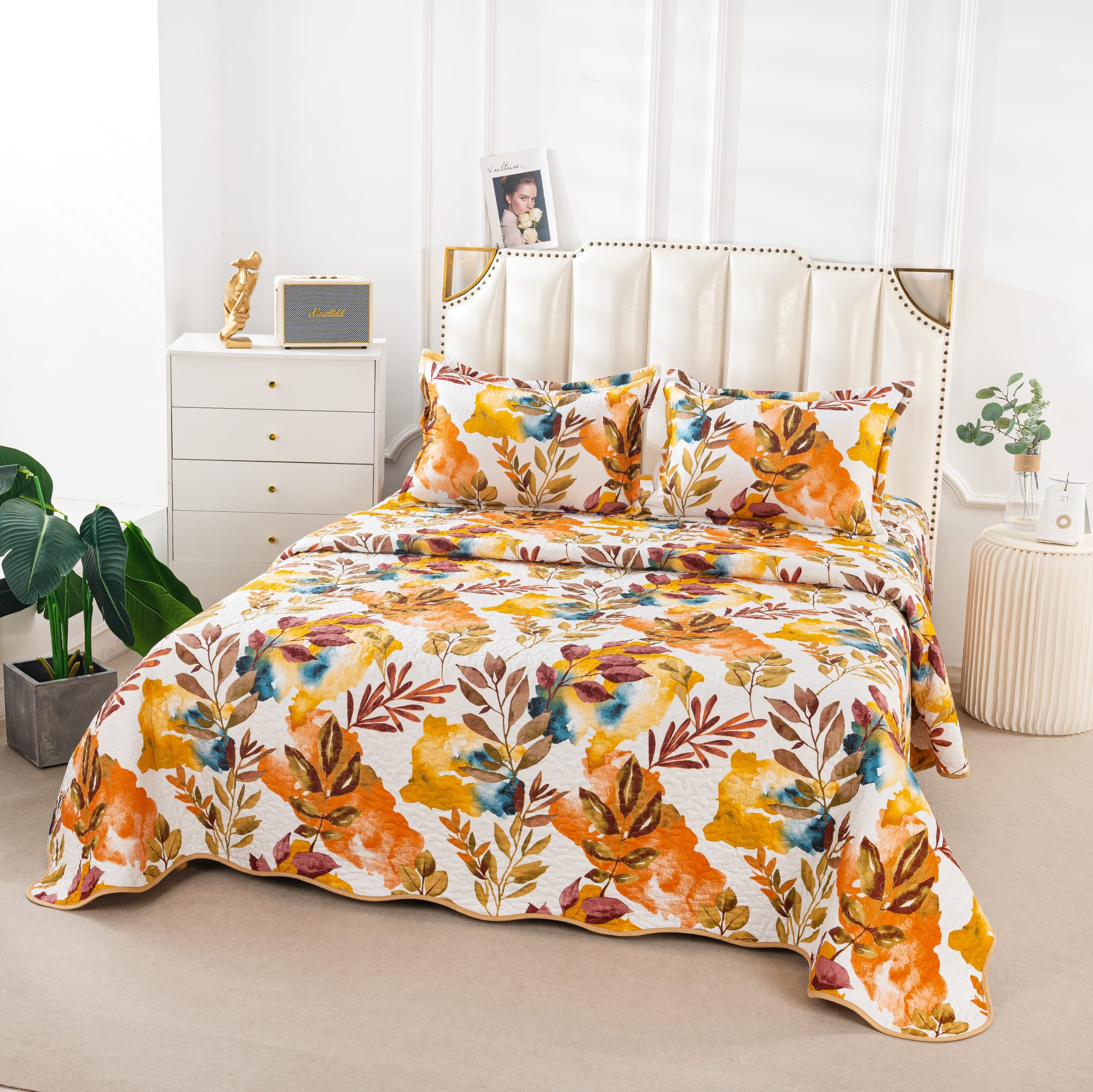 Cuvertura Pentru Pat Dublu, 3 Piese, Frunze, Multicolor, P23790