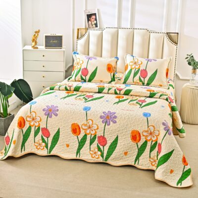 Cuvertura Pentru Pat Dublu, 3 Piese, Floricele, Multicolor, P23795