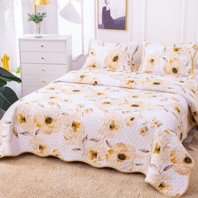 Cuvertura Pentru Pat Dublu, 3 Piese, Floricele, Alb/Galben, P23797