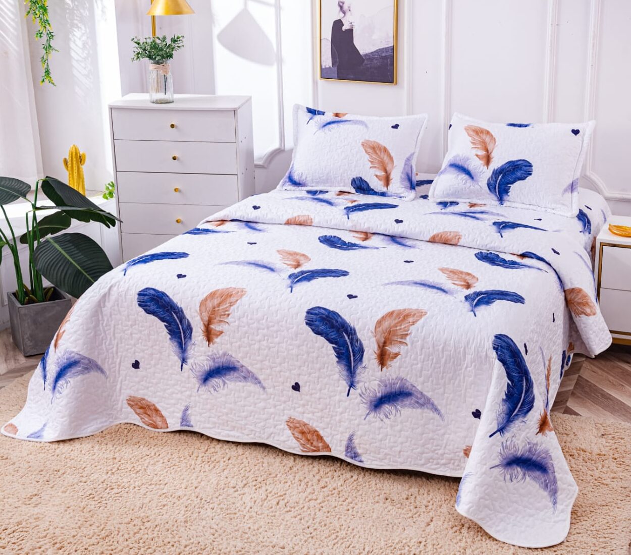Cuvertura Pentru Pat Dublu, 3 Piese, Pene, Multicolor, P23798