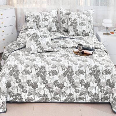 Cuvertura Pentru Pat Dublu, Bumbac Cu IN, 5 Piese, Floricele, Alb/Maro, PT24073