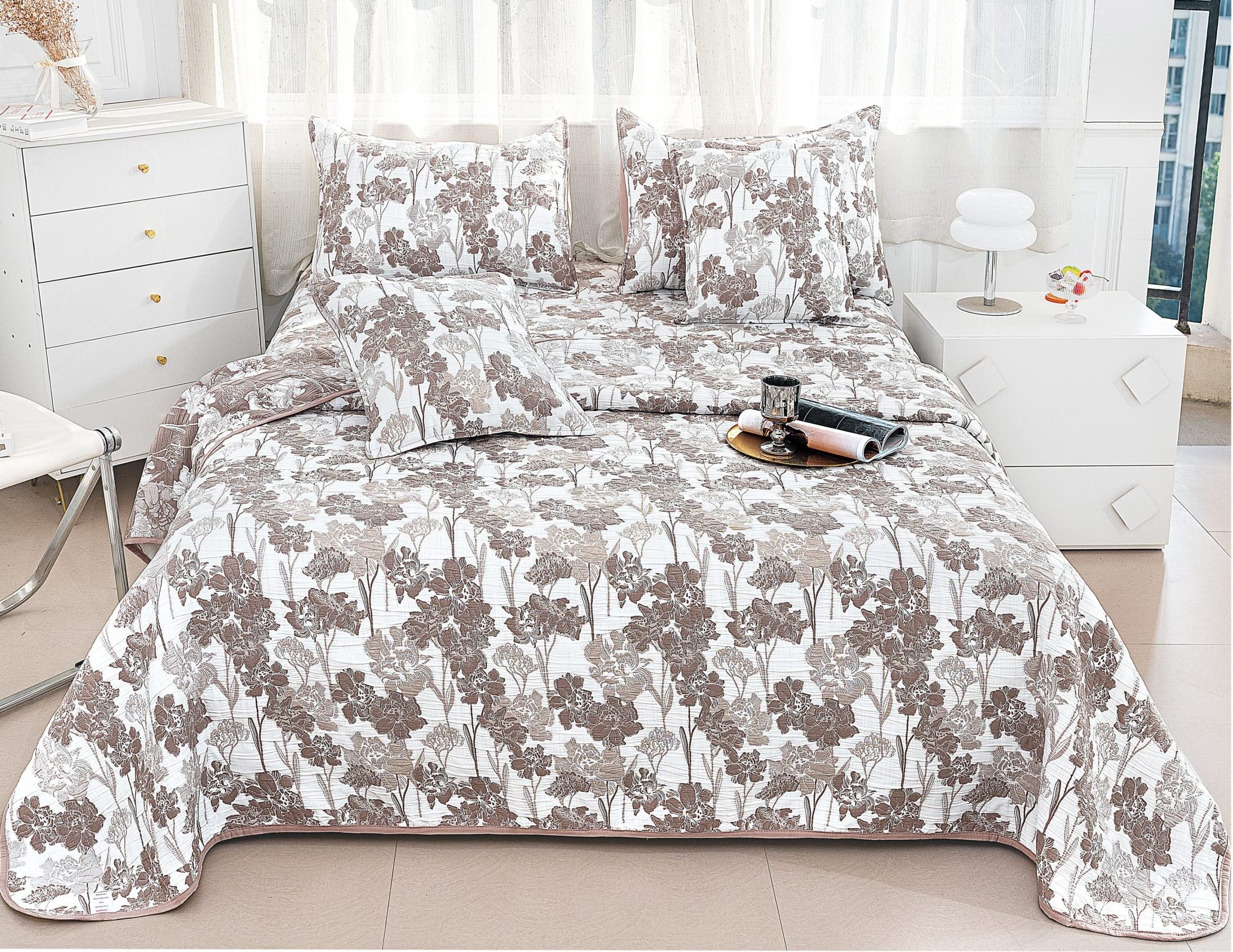 Cuvertura Pentru Pat Dublu, Bumbac Cu IN, 5 Piese, Flori, Alb/Maro, PT24076