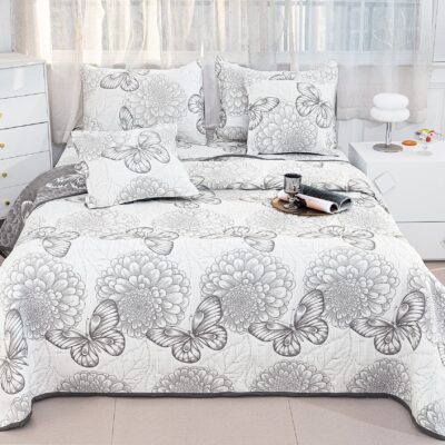 Cuvertura Pentru Pat Dublu, Bumbac Cu IN, 5 Piese, Fluturi, Alb/Gri, PT24078