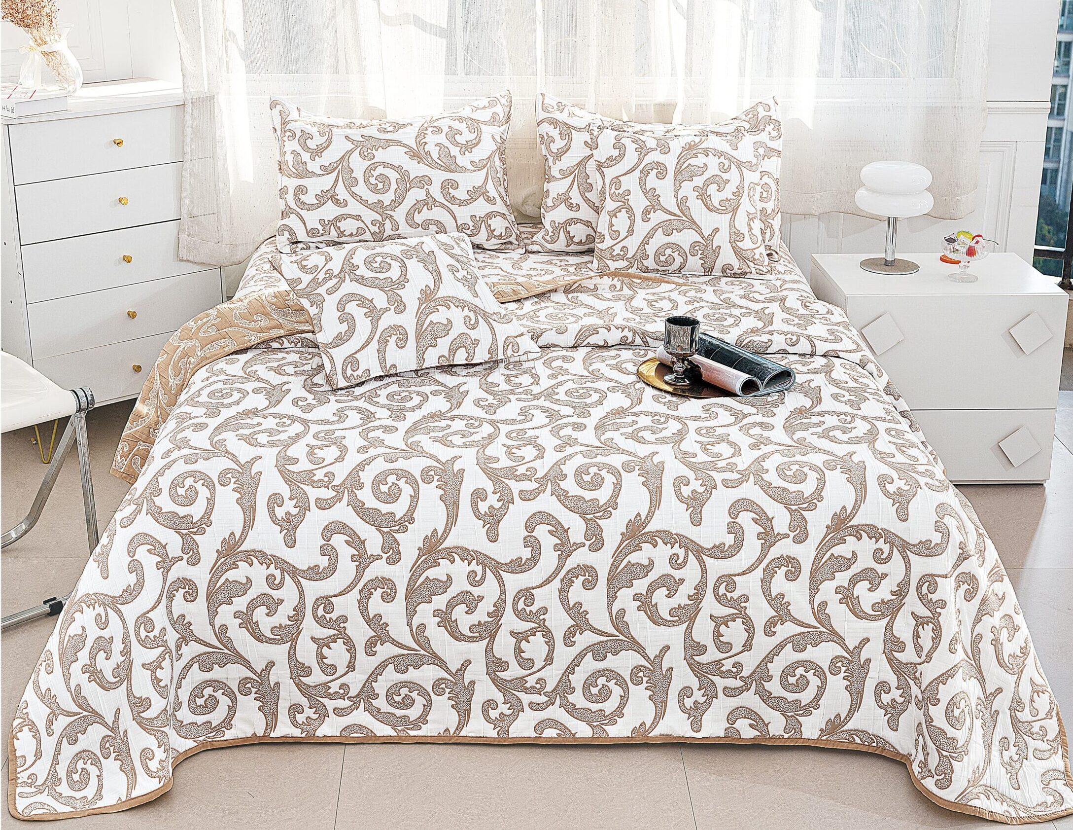 Cuvertura Pentru Pat Dublu, Bumbac Cu IN, 5 Piese, Elegant, Maro/Alb, PT24084