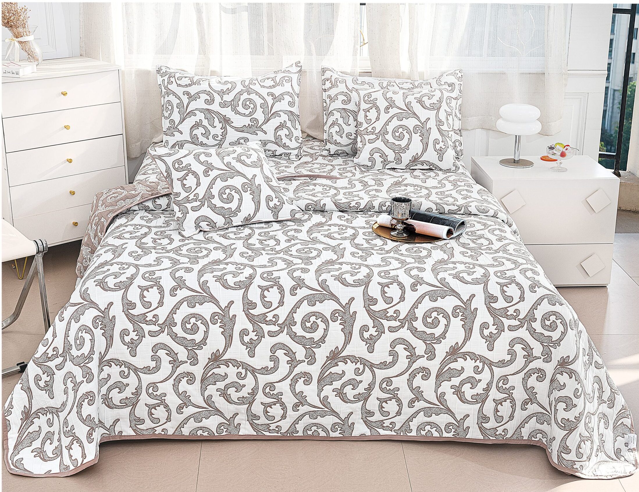 Cuvertura Pentru Pat Dublu, Bumbac Cu IN, 5 Piese, Elegant, Crem/Alb, PT24085