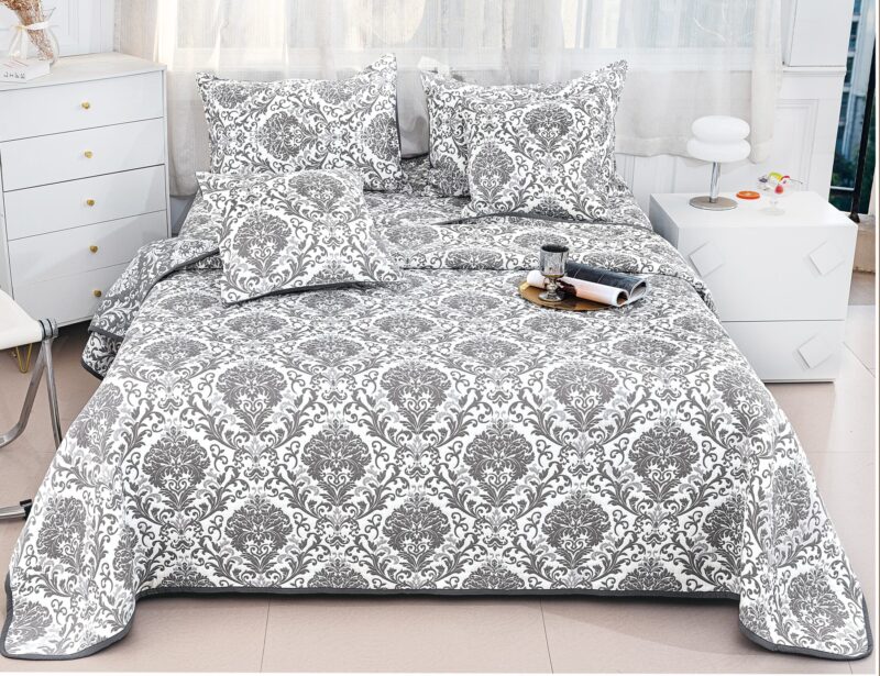 Cuvertura Pentru Pat Dublu, Bumbac Cu IN, 5 Piese, Elegant, Gri/Alb, PT24082