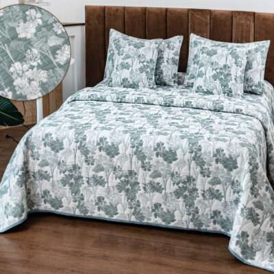 Cuvertura Pentru Pat Dublu, Bumbac Cu IN, 5 Piese, Floricele, Turcoaz/Alb, PT24092