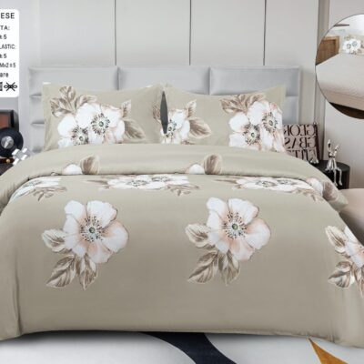 Pachet Promotional, Lenjerie Pat Dublu, 4 Piese, Bumbac Satinat, Flori, Crem, PT24107-Elastic