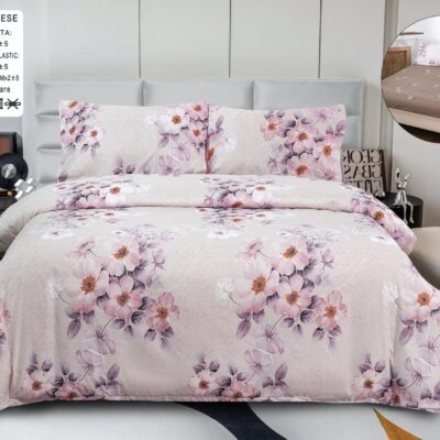 Pachet Promotional, Lenjerie Pat Dublu, 4 Piese, Bumbac Satinat, Flori, Roz/Maro, PT24106-Elastic