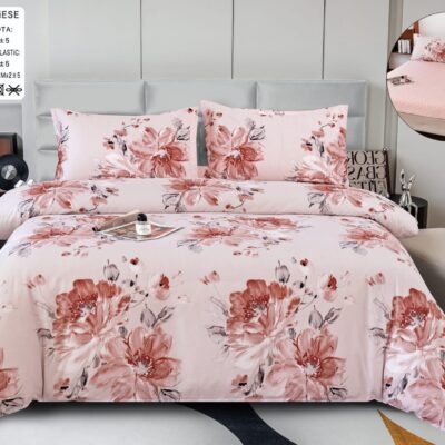 Pachet Promotional, Lenjerie Pat Dublu, 4 Piese, Bumbac Satinat, Flori, Roz, PT24102-Elastic