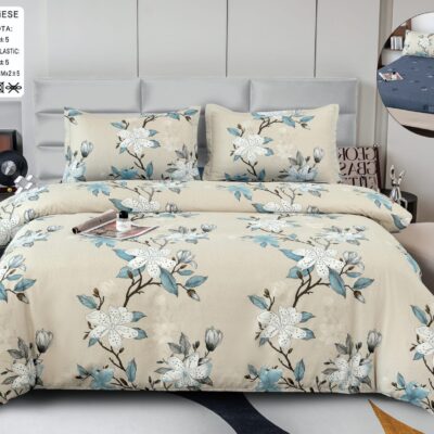 Pachet Promotional, Lenjerie Pat Dublu, 4 Piese, Bumbac Satinat, Flori, Crem/Albastru, PT24101-Elastic