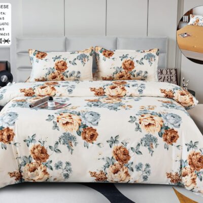 Pachet Promotional, Lenjerie Pat Dublu, 4 Piese, Bumbac Satinat, Flori, Crem/Maro, PT24100-Elastic