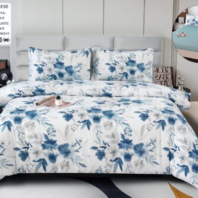Pachet Promotional, Lenjerie Pat Dublu, 4 Piese, Bumbac Satinat, Flori, Alb/Albastru, PT24099-Elastic