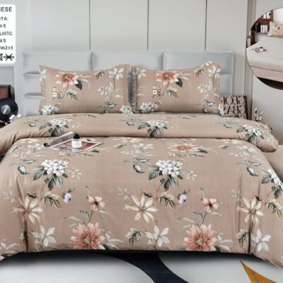 Pachet Promotional, Lenjerie Pat Dublu, 4 Piese, Bumbac Satinat, Flori, Crem, PT24097-Elastic