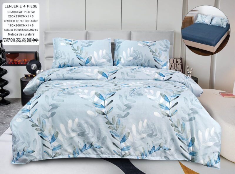 Pachet Promotional, Lenjerie Pat Dublu, 4 Piese, Bumbac Satinat, Frunze, Bleu/Alb, PT24095-Elastic