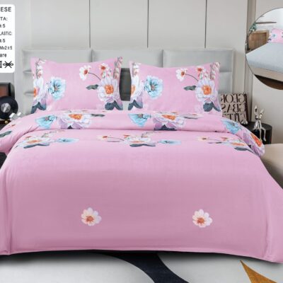 Pachet Promotional, Lenjerie Pat Dublu, 4 Piese, Bumbac Satinat, Flori, Roz, PT24110-Elastic