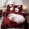 Lenjerie cu ELASTIC, Pat 1 Persoana, 4 Piese, Bumbac Finet, Pisica, Alb/Rosu, J24332-ELASTIC
