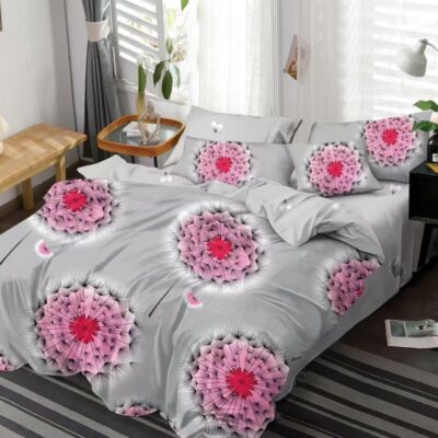 Lenjerie de pat, Bumbac Finet, 6 Piese, Floricele, Gri/Roz, HR24121