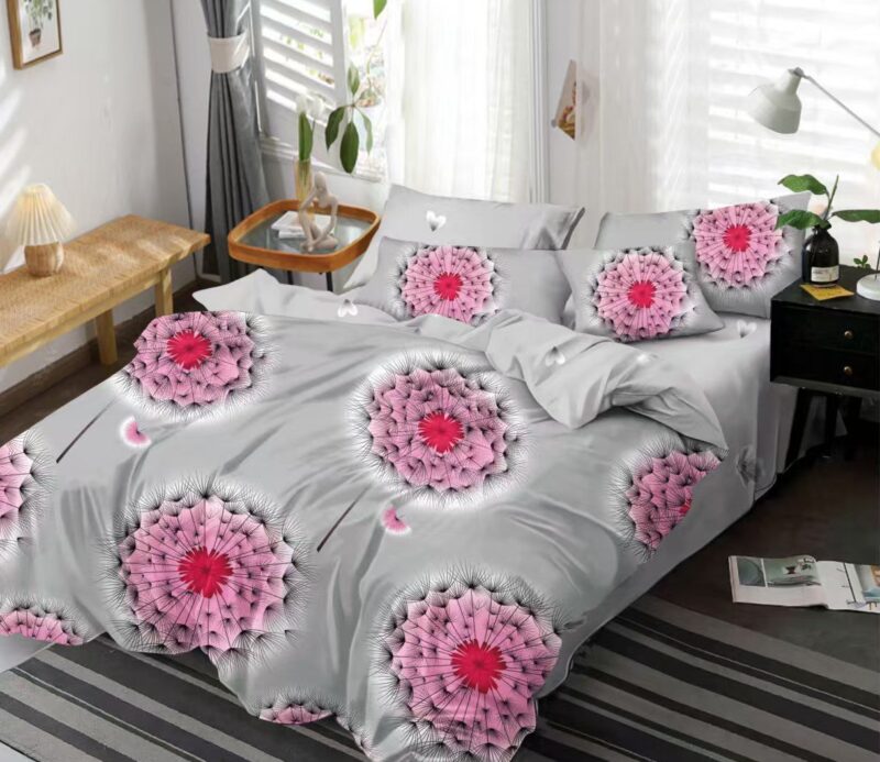 Lenjerie de pat, Bumbac Finet, 6 Piese, Floricele, Gri/Roz, HR24121
