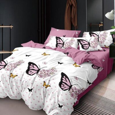Lenjerie de pat, Bumbac Finet, 6 Piese, Fluturi, Roz/Alb, HR24140