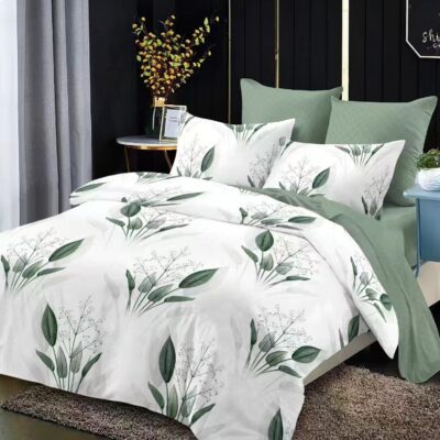 Lenjerie de pat, Bumbac Finet, 6 Piese, Frunze, Verde/Alb, HR24147