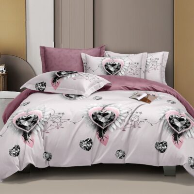 Lenjerie de pat, Bumbac Finet, 6 Piese, Inimi, Roz, HR24150