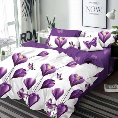 Pachet Promotional, Lenjerie de pat, Bumbac Finet, Floricele, Alb/Mov, HR24302