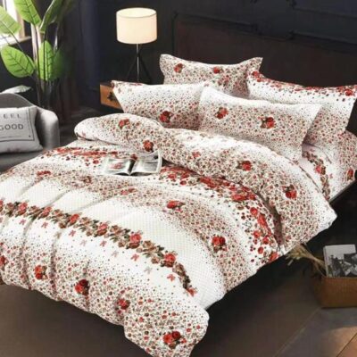 Lenjerie de pat, Bumbac Finet, 6 Piese, Floricele, Alb/Rosu, HR24164