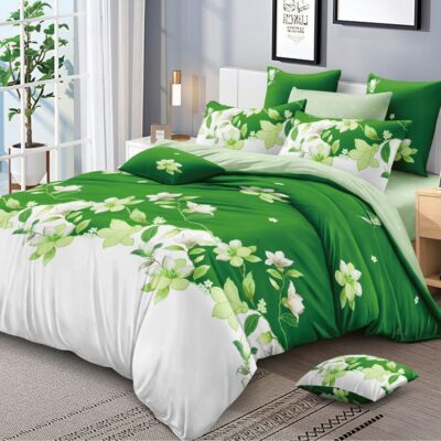 Lenjerie de pat, Bumbac Finet, 6 Piese, Floricele, Alb/Verde, HR24177