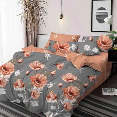 Lenjerie de pat, Bumbac Finet, 6 Piese, Floricele, Roz/Gri, HR24181