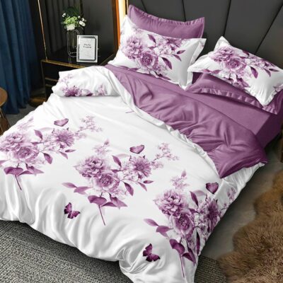 Pachet Promotional, Lenjerie de pat, Bumbac Finet, Floricele, Mov/Alb, HR24313