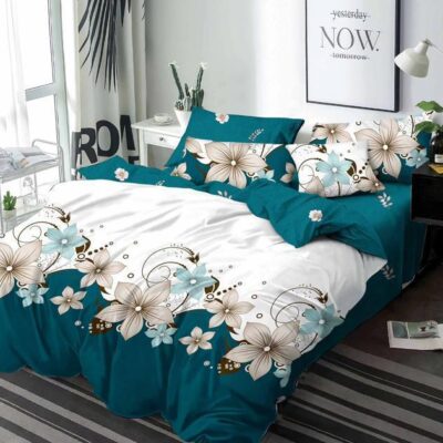 Lenjerie de pat, Bumbac Finet, 6 Piese, Floricele, Alb/Verde, HR24206