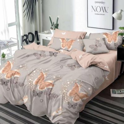 Lenjerie de pat, Bumbac Finet, 6 Piese, Fluturi, Crem/Gri, HR24207