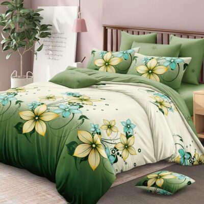 Pachet Promotional, Lenjerie de pat, Bumbac Finet, Floricele, Alb/Verde, HR24309