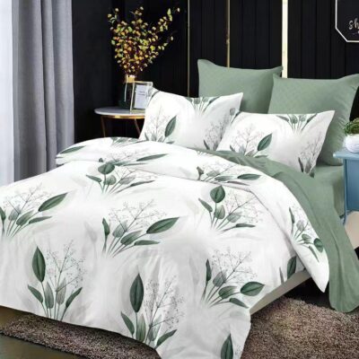 Lenjerie de pat, Bumbac Finet, 6 Piese, Frunze, Verde/Alb, HR24217
