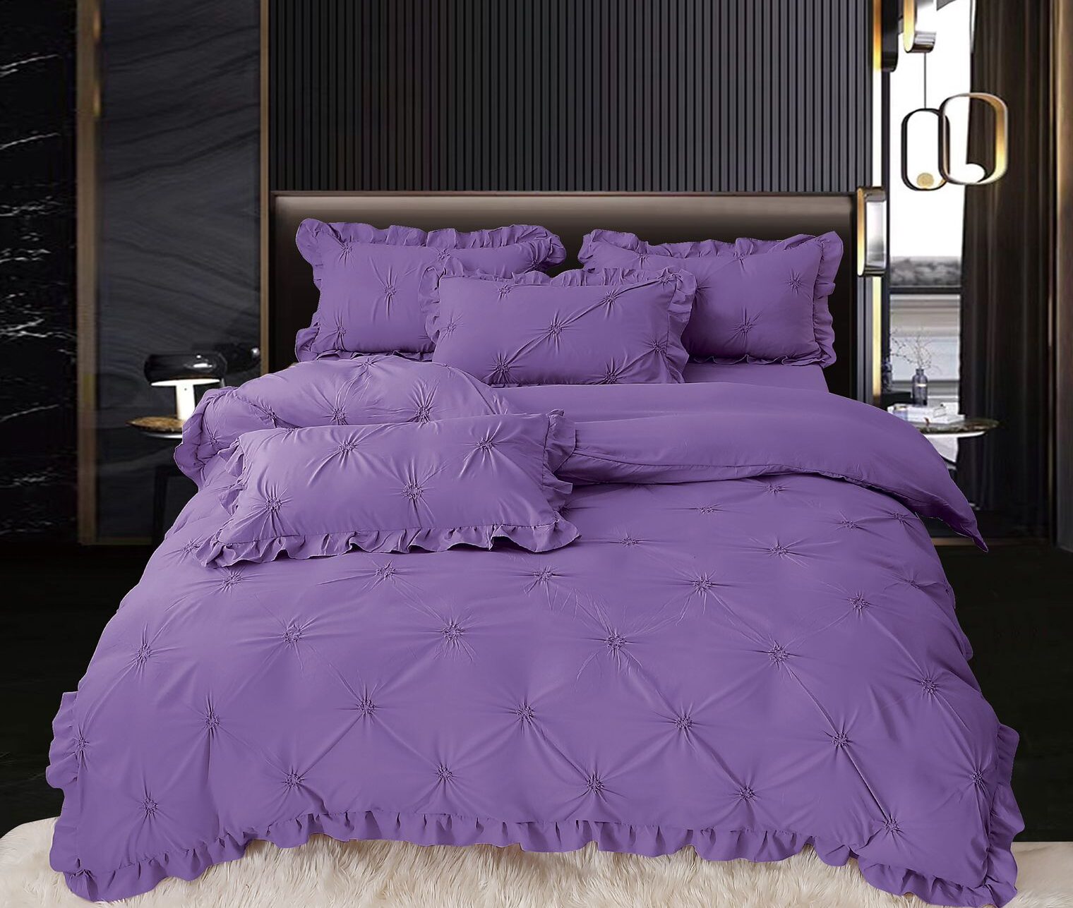 Lenjerie Pat Pliuri Si Volans, Bumbac Finet , UNI, Mov Inchis, HR24240