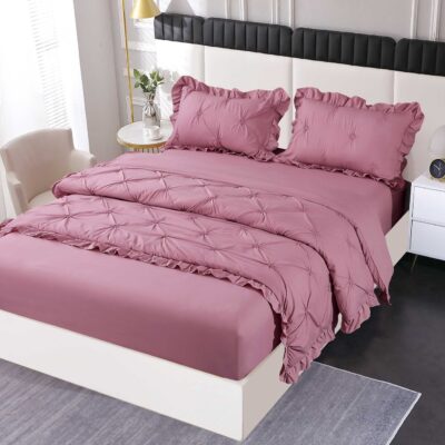 Lenjerie Pat Pliuri Si Volans, Bumbac Finet , UNI, 4 Piese, Roz, HR24246-Elastic