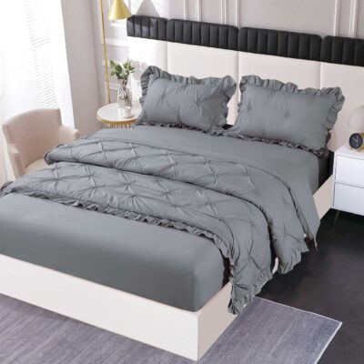 Lenjerie Pat Pliuri Si Volans, Bumbac Finet , UNI, 4 Piese, Gri Deschis, HR24253-Elastic