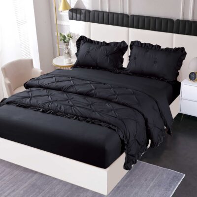 Lenjerie Pat Pliuri Si Volans, Bumbac Finet , UNI, 4 Piese, Negru, HR24256-Elastic