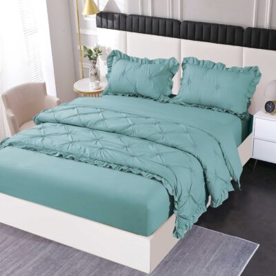 Lenjerie Pat Pliuri Si Volans, Bumbac Finet , UNI, 4 Piese, Turcoaz, HR24254-Elastic